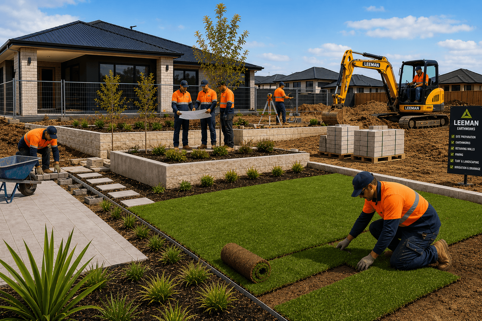Turf being rolled out over prepared ground beside paving and low block retaining walls