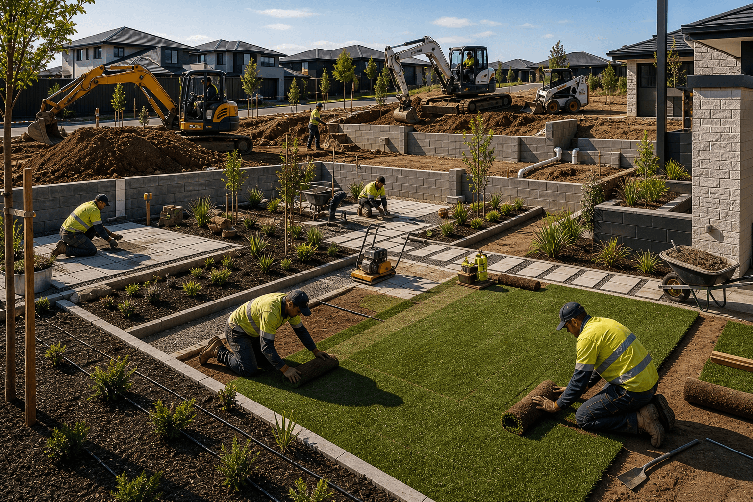 Paving, garden beds and new turf going in around block retaining walls on an established yard