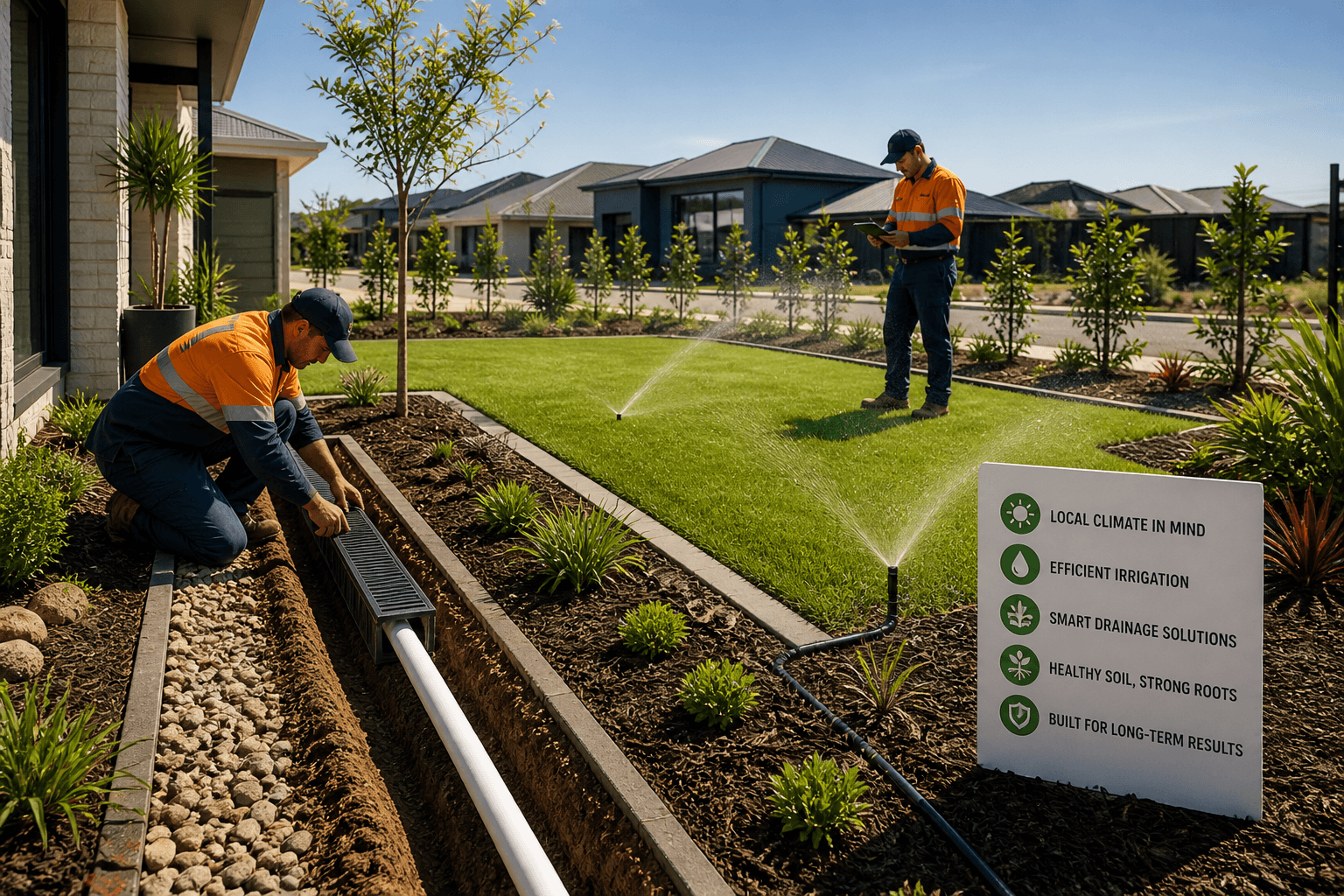 Sprinklers running over a new front lawn with garden beds and a drainage grate along the edge