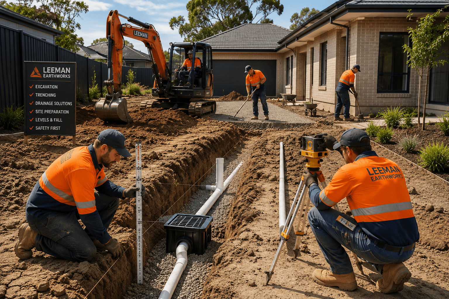 Trench with a stormwater pit and pipe being set to fall beside a house, with a level staff and surveying tripod