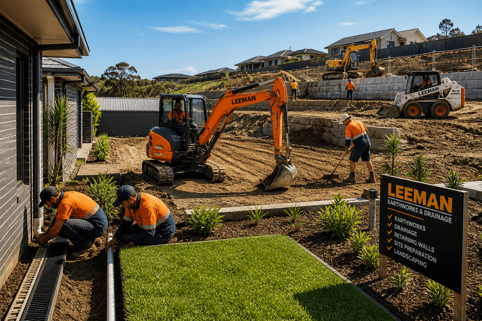 Excavator levelling bare ground beside a new home while crews lay drainage and turf on an estate block