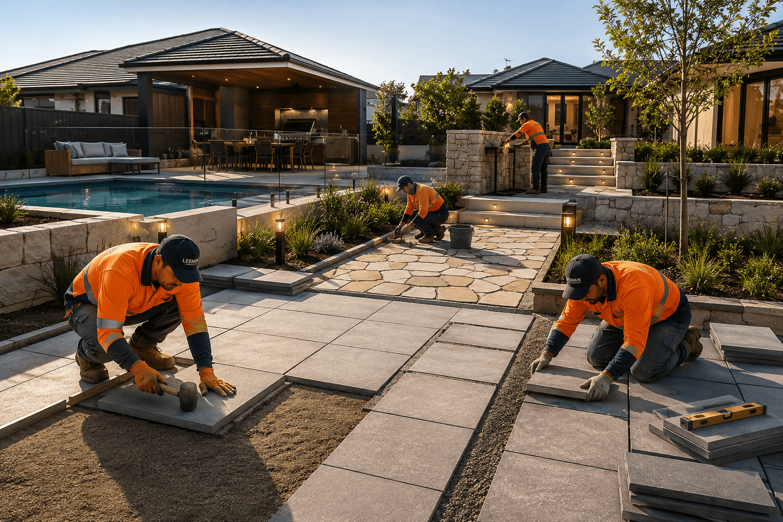Large format pavers being laid on a prepared base in a courtyard beside a pool and outdoor kitchen