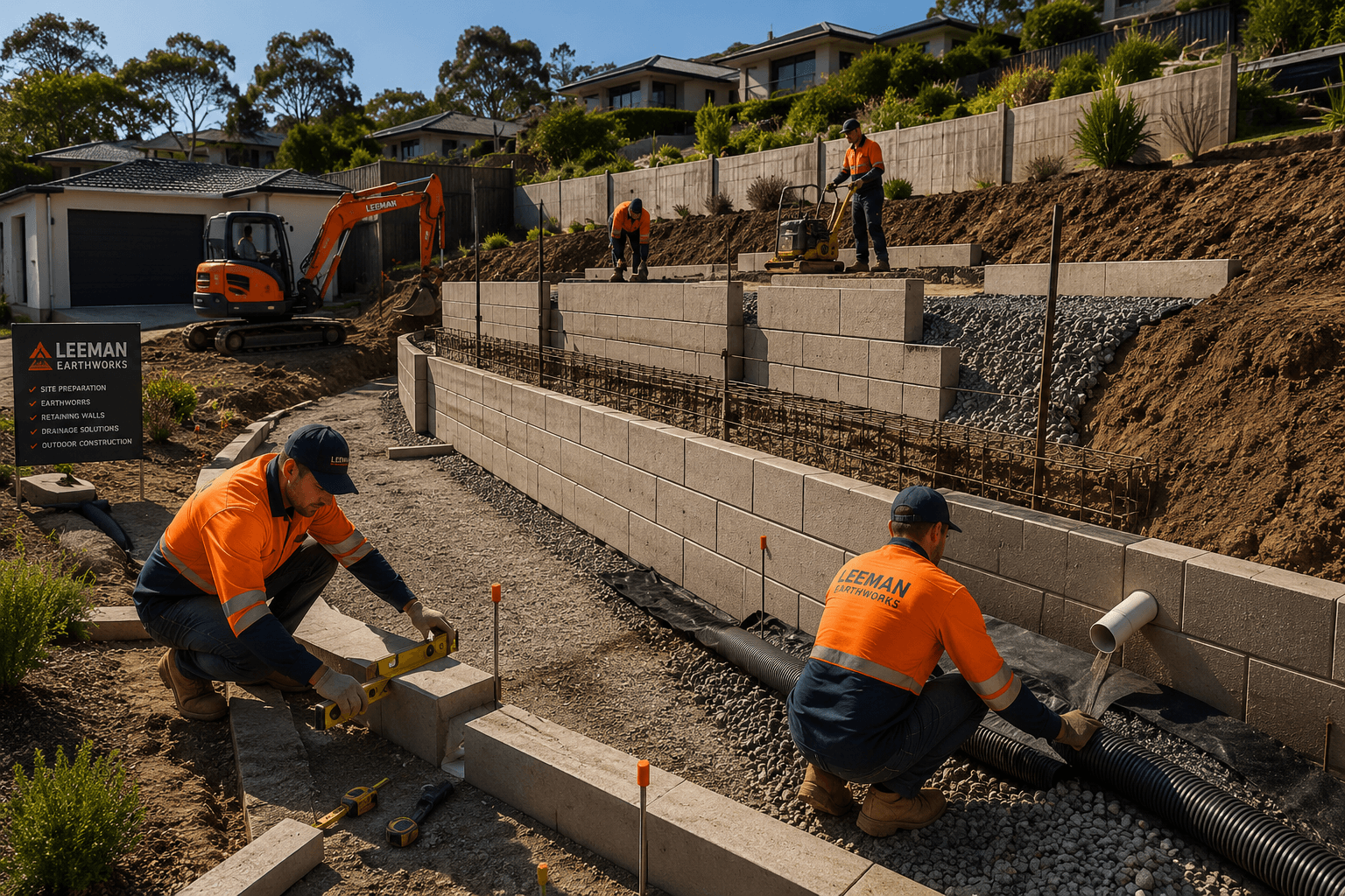Concrete sleeper retaining walls built in steps up a sloping block, with drainage aggregate and ag pipe behind the courses