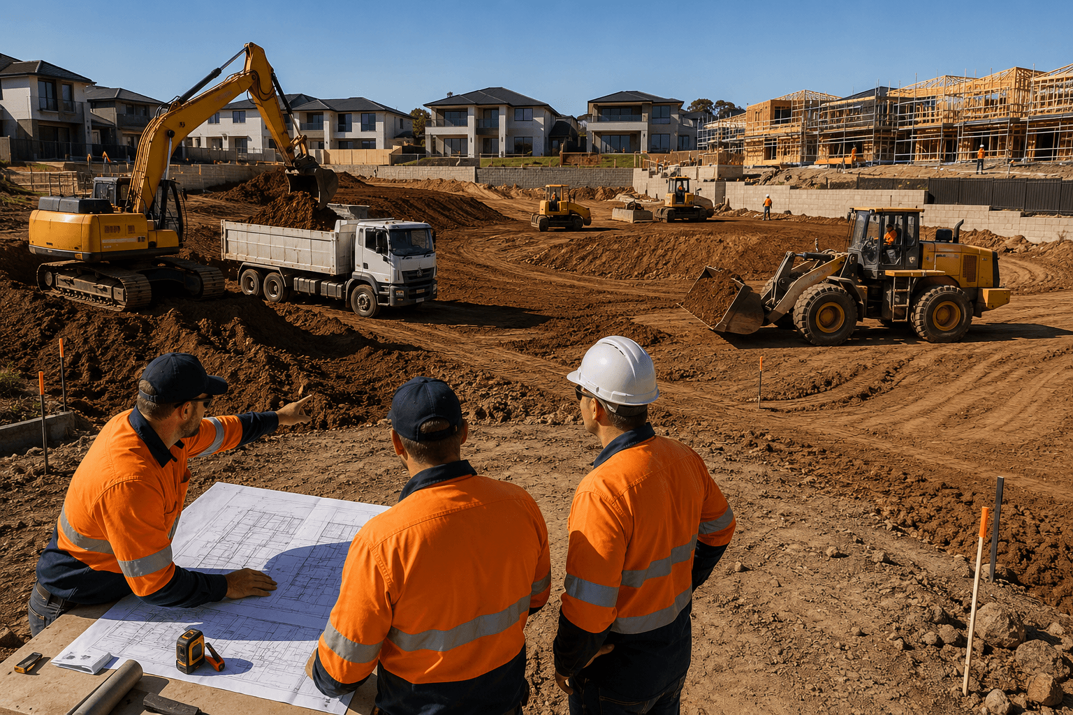 Excavator loading spoil into a truck across a wide open earthworks site with new homes behind
